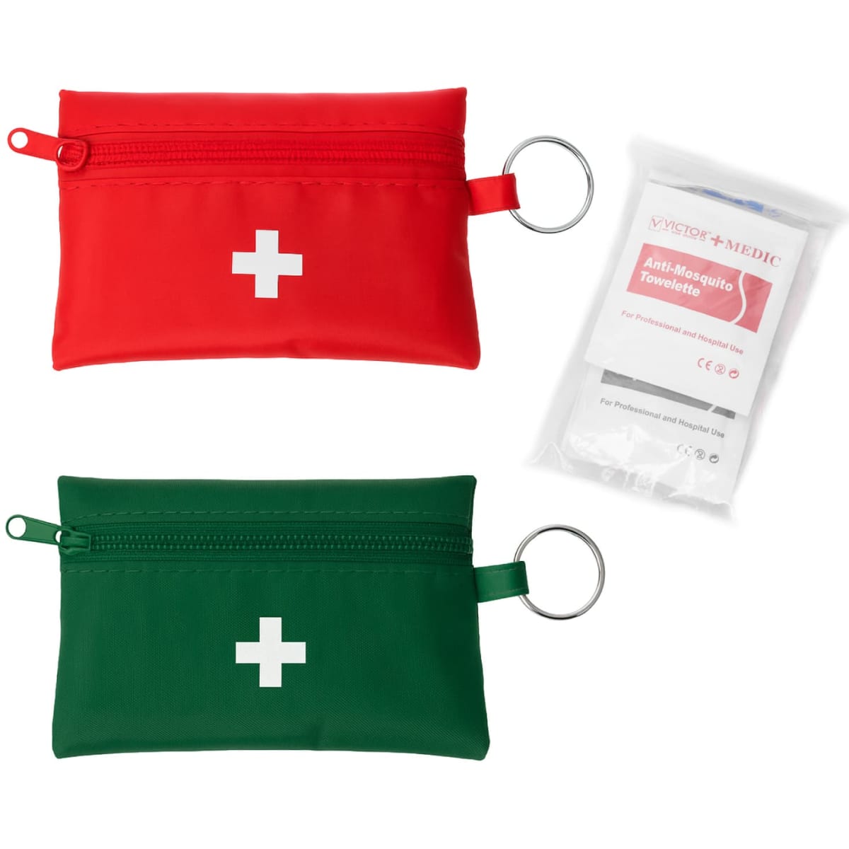 Two small first aid kits in red and green, each with a white cross, accompanied by a package of anti-mosquito towelettes.