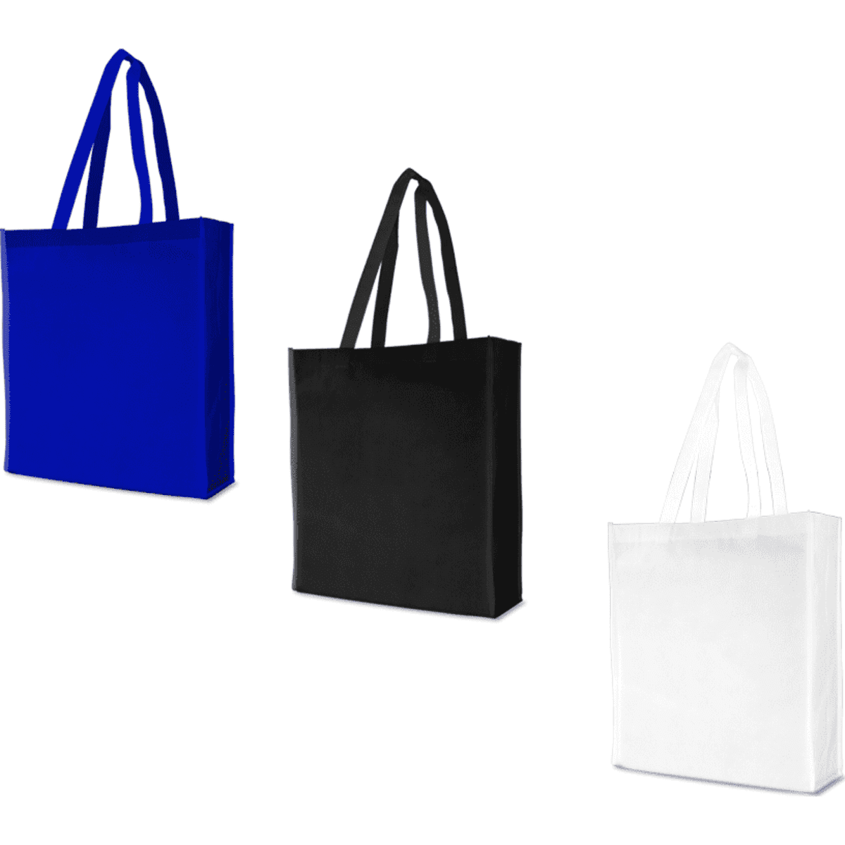 Three tote bags in blue, black, and white, each with two handles and a basic design. One bag features a logo.