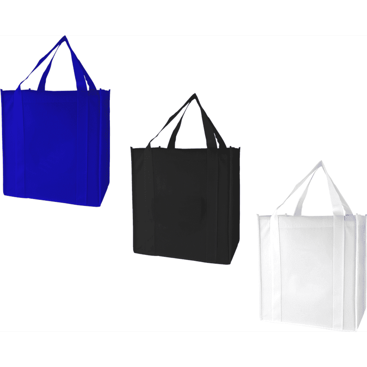 A blue, black, and white Zefa tote bag with dual handles and a simple design. Each bag features branding.