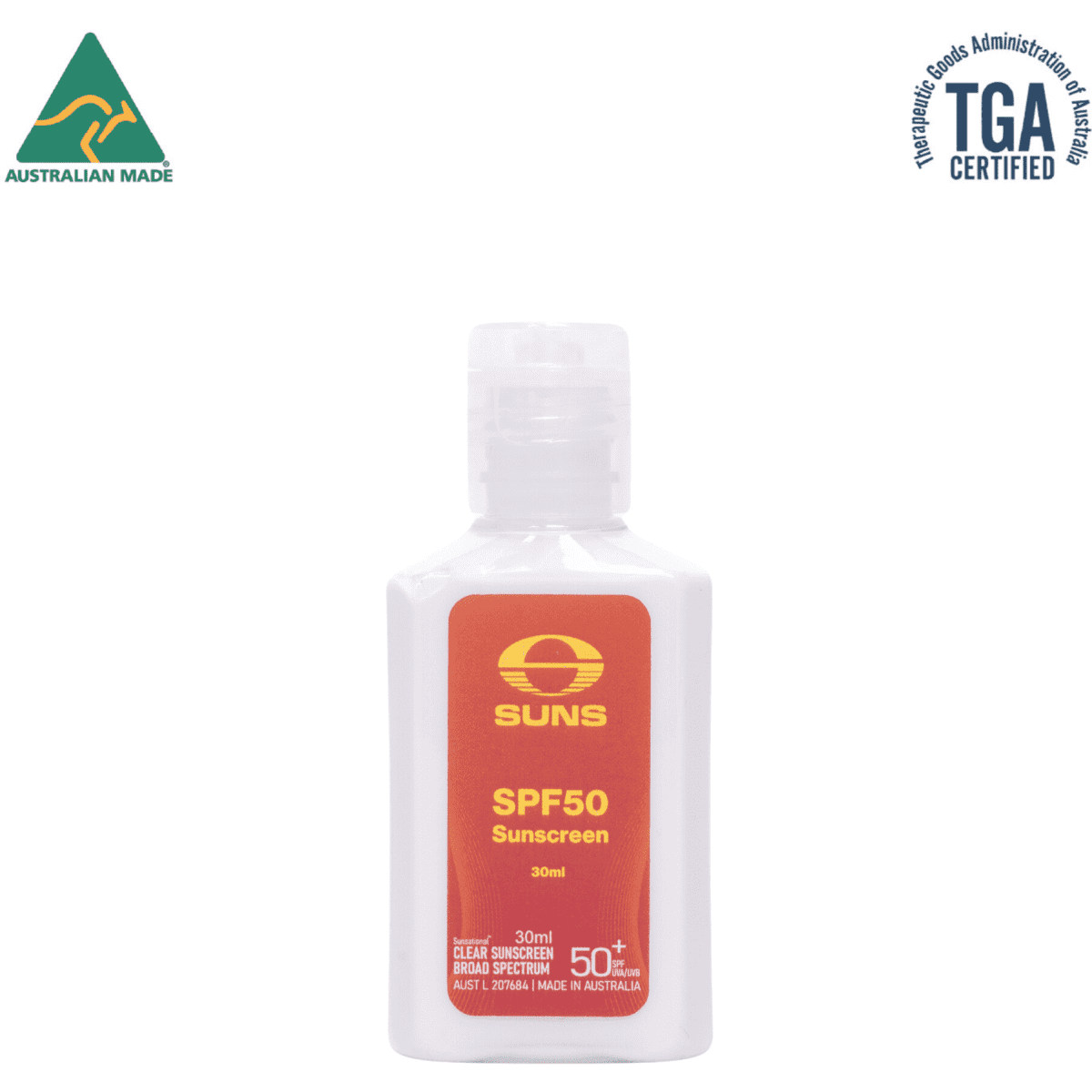 A 30ml SPF50 sunscreen lotion in a white bottle with a red label and a logo. The product is Australian made.