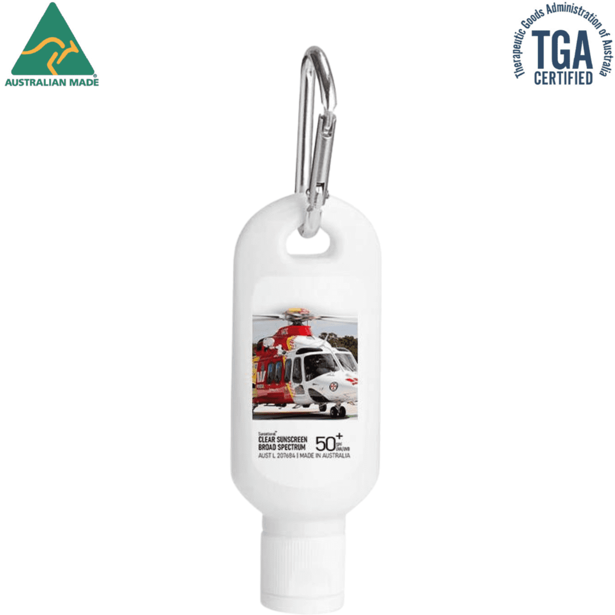 A white 60ml sunscreen lotion with SPF 50, featuring a carabiner for easy attachment and a logo.