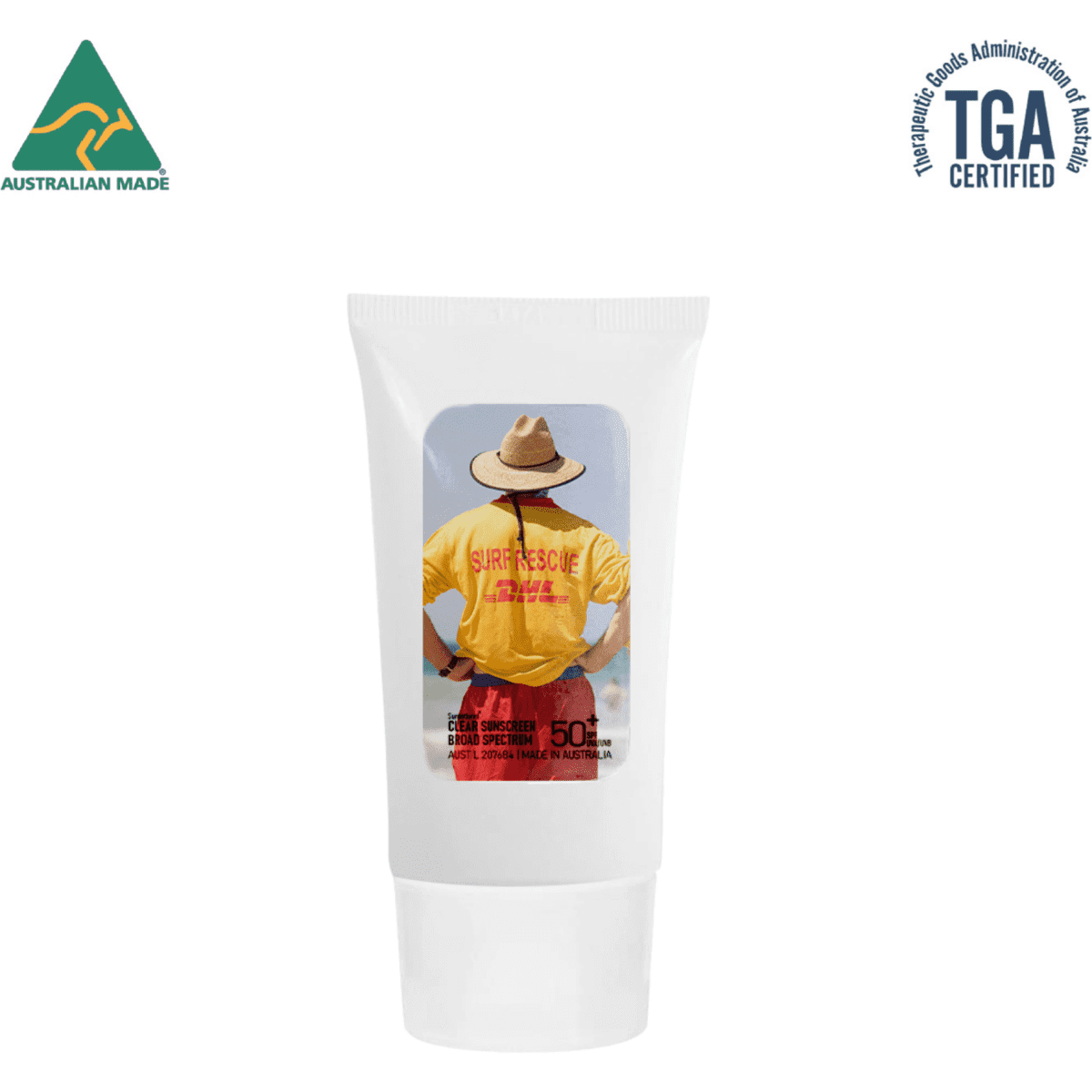 A white tube of 50ml SPF 50 sunscreen lotion featuring an image of a person in a yellow shirt on the front.