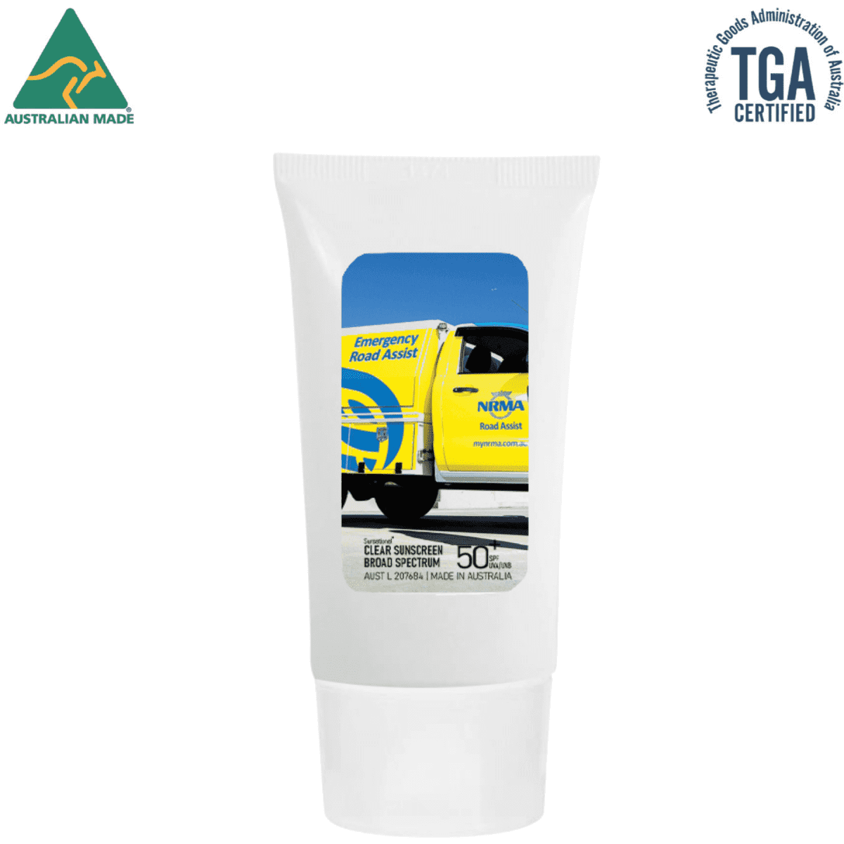 A white tube of 100ml SPF 50 sunscreen lotion with a logo and a colourful image on the front.