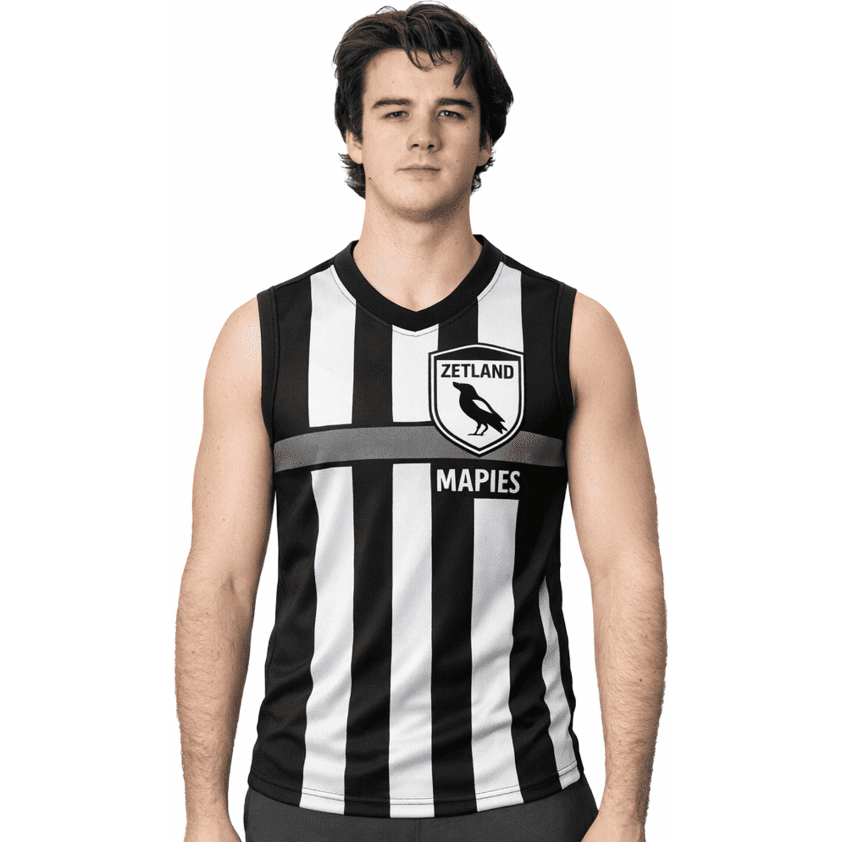 A sports jersey in black and white stripes featuring a logo, with a sleeveless design and a grey band.