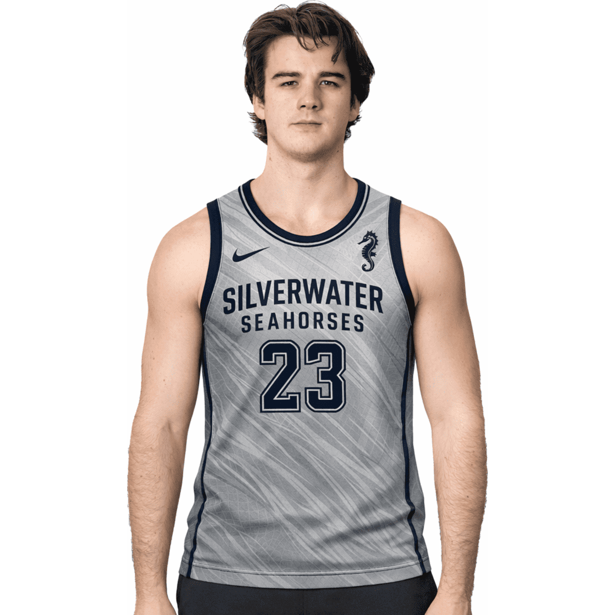 A sleeveless grey basketball top featuring navy accents and a logo, designed for sports uniforms.