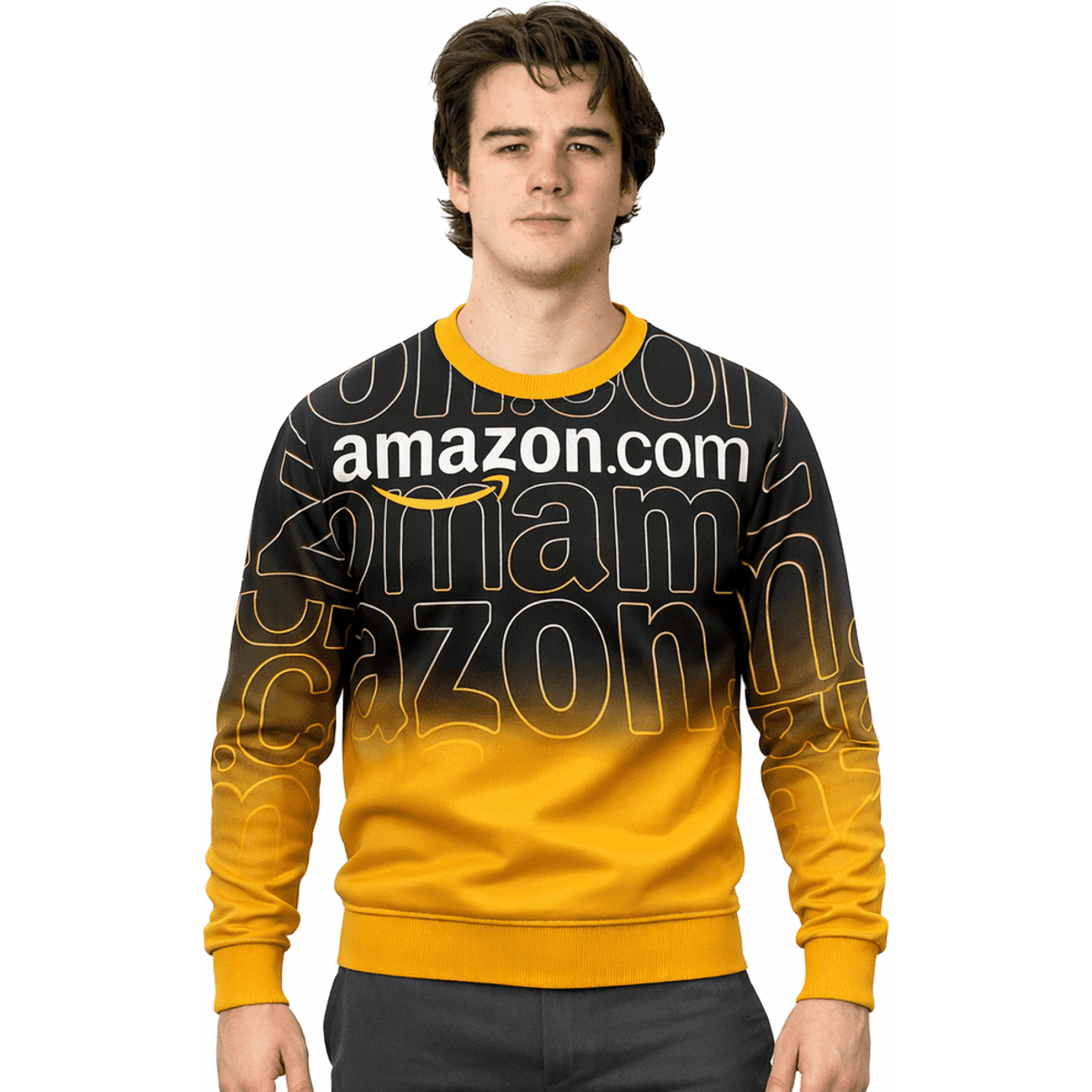 A man wearing a black and gold jumper with a prominent logo and text design. The jumper features a round neck and long sleeves.