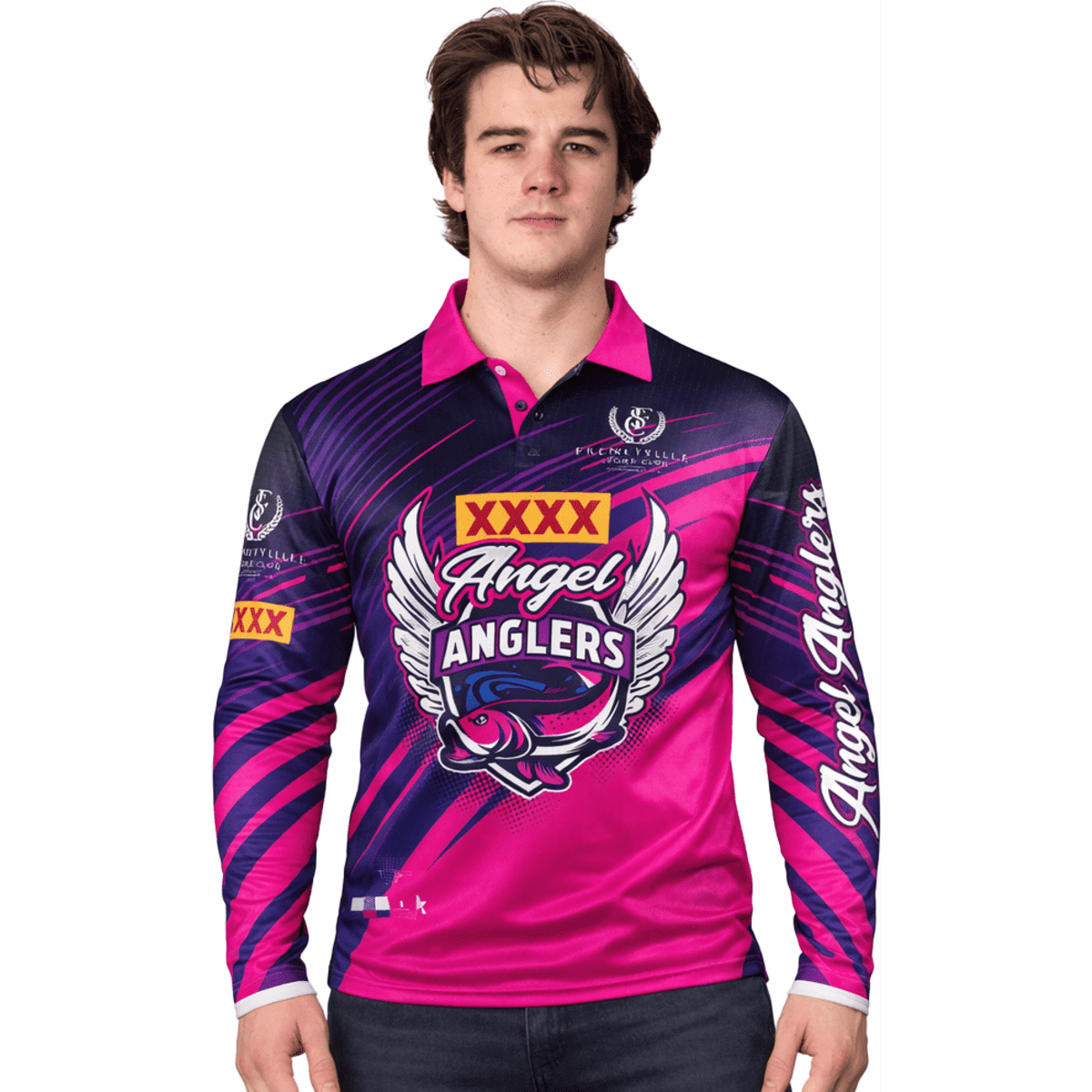 A long-sleeve fishing tee in vibrant pink and purple, featuring a logo and a striking design.