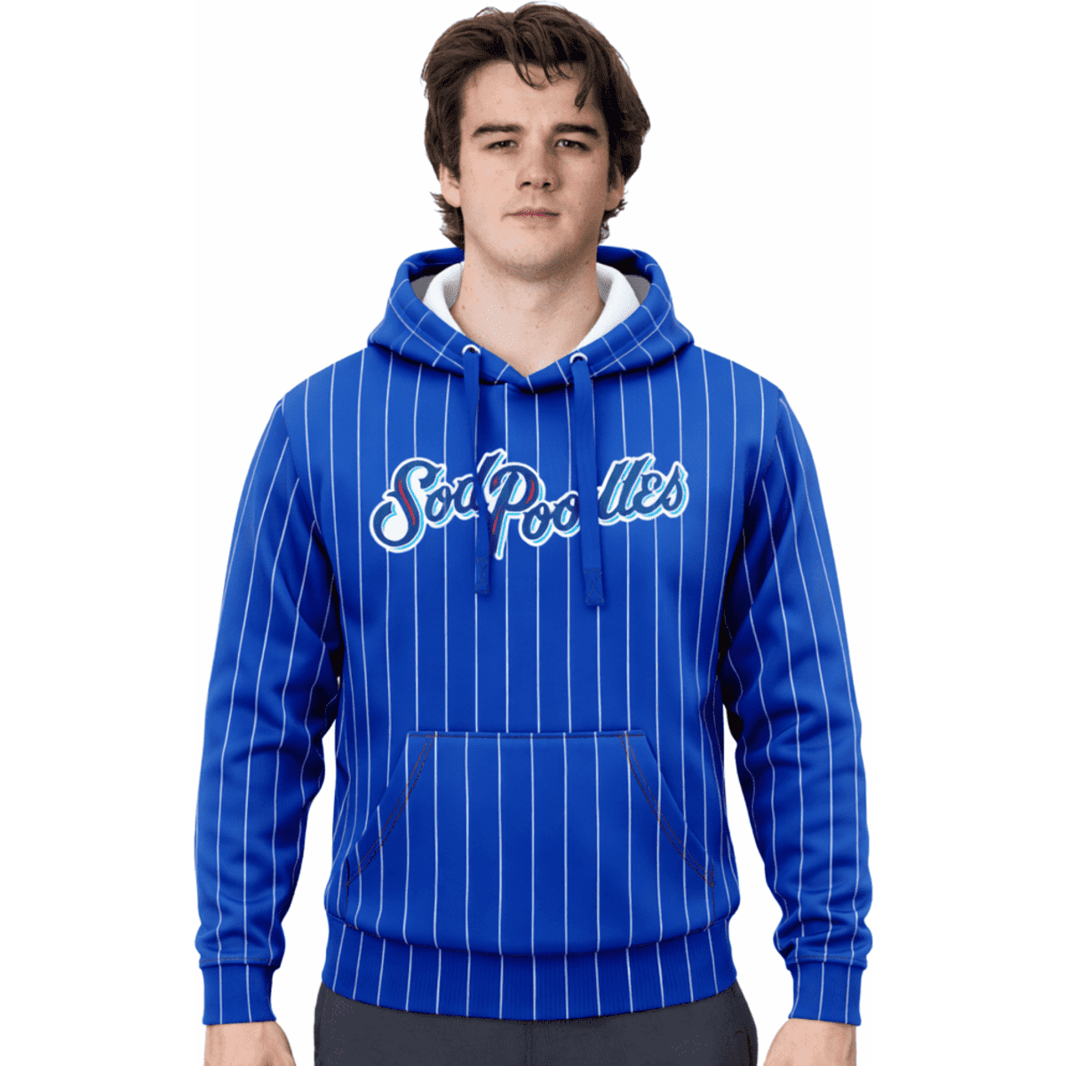 A blue striped hoodie with a front pouch pocket and a logo, featuring a drawstring hood.