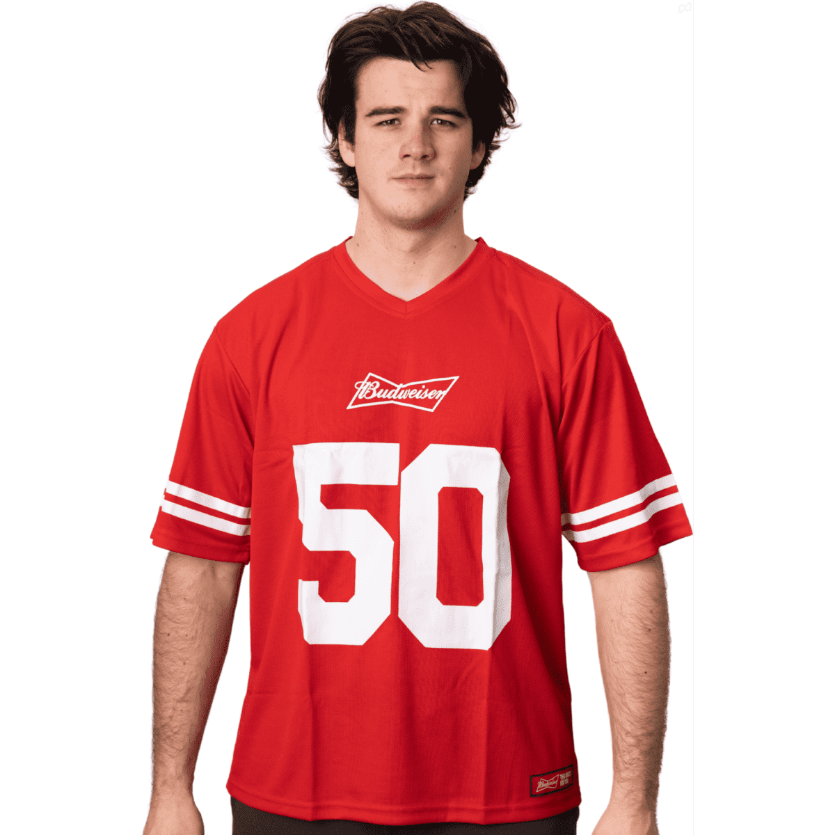 A red NFL jersey featuring white stripes and the number 50. The jersey has a logo on the front.
