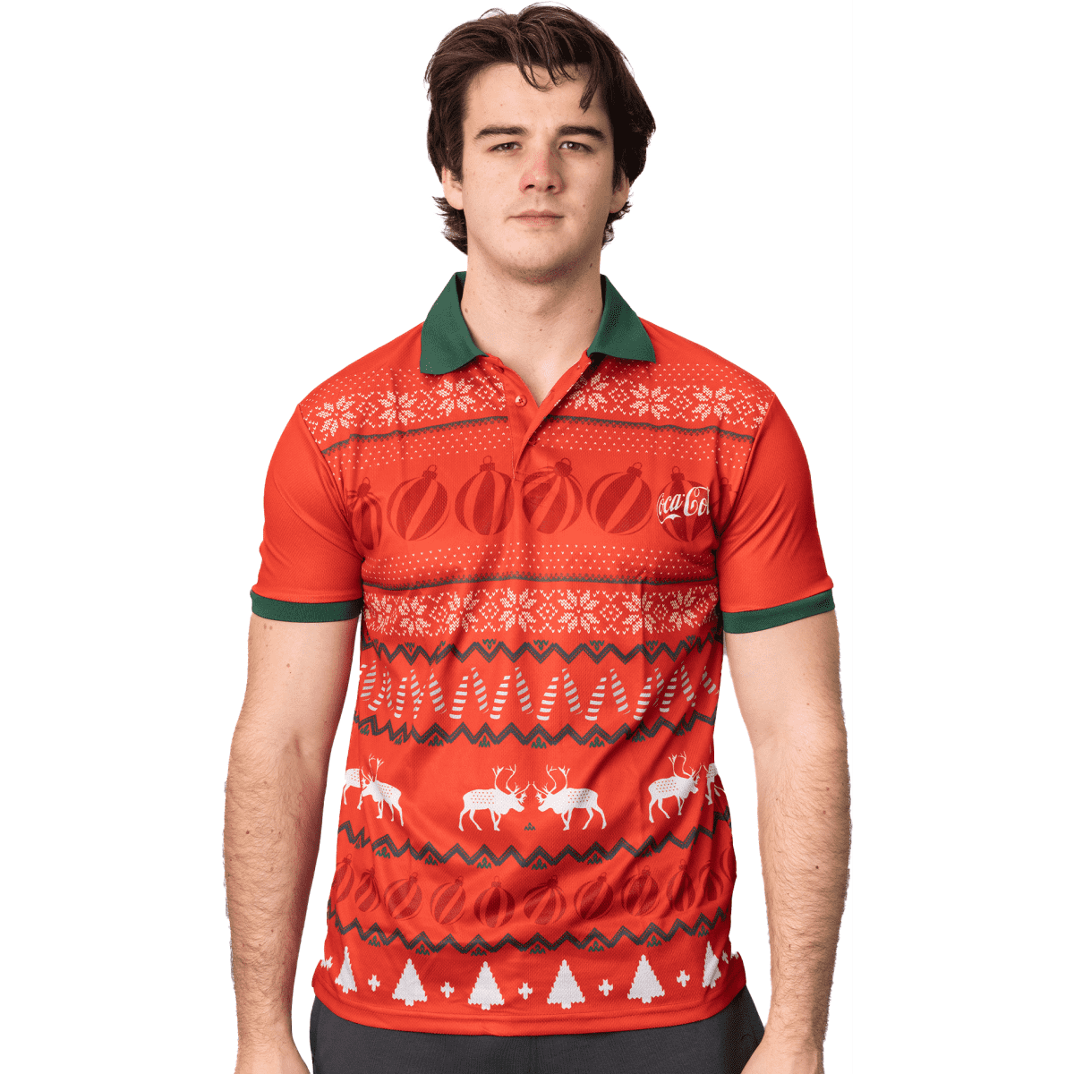 A vibrant red polo shirt with green collar, featuring festive patterns and a logo.