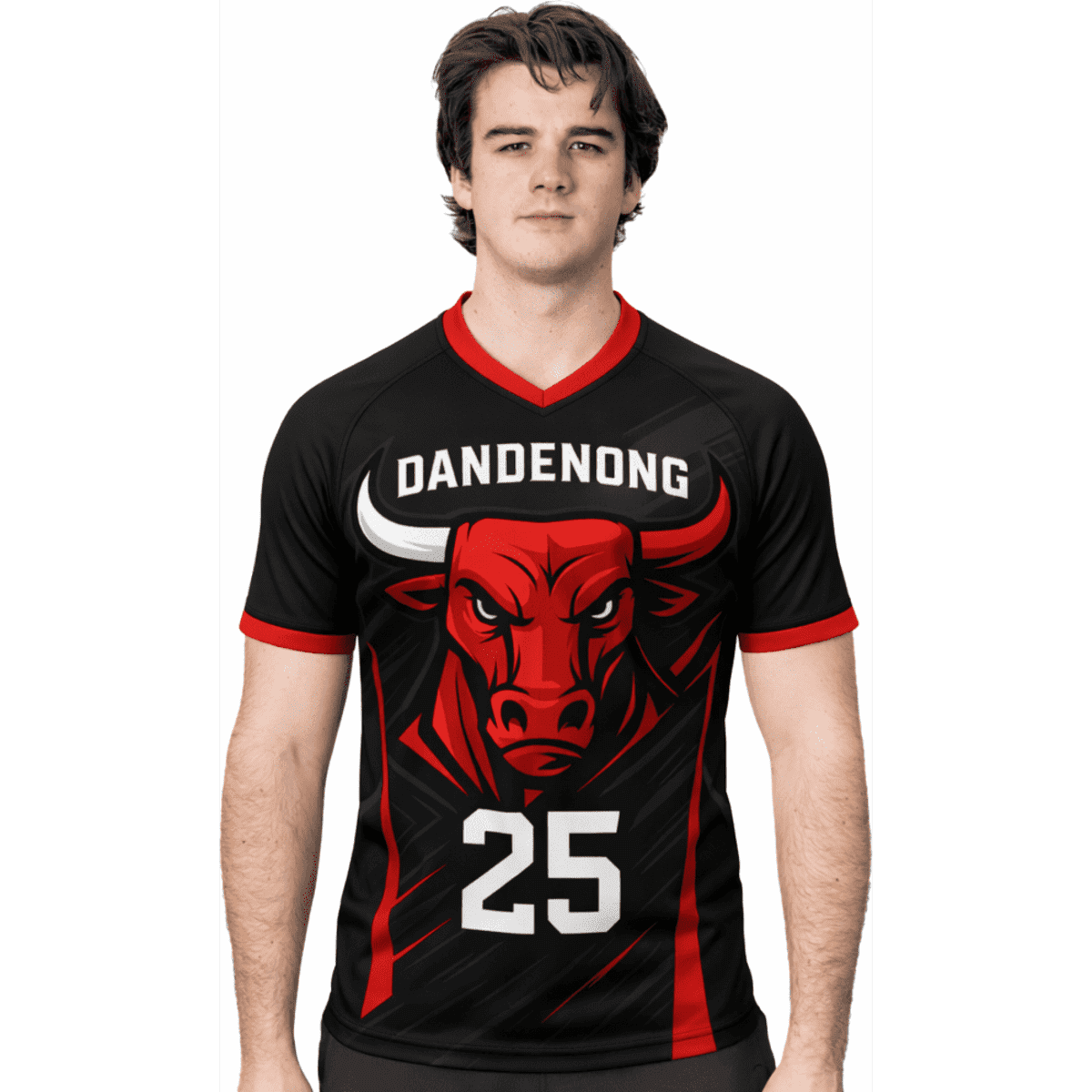 A sublimated rugby jersey featuring a bold red and black design with a bull graphic and a logo.