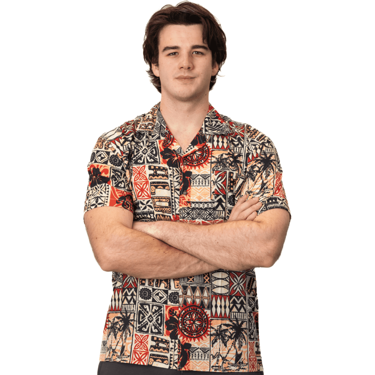 A short-sleeved button-up shirt featuring a vibrant tribal pattern in red, black, and cream tones, with a logo present.