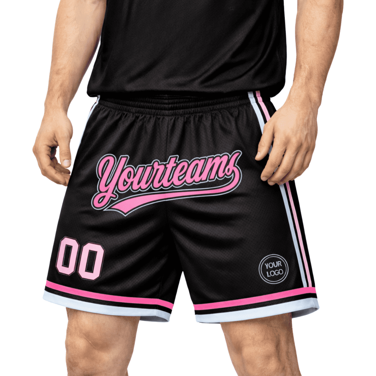 A pair of black basketball shorts with pink accents, featuring a logo and text design.