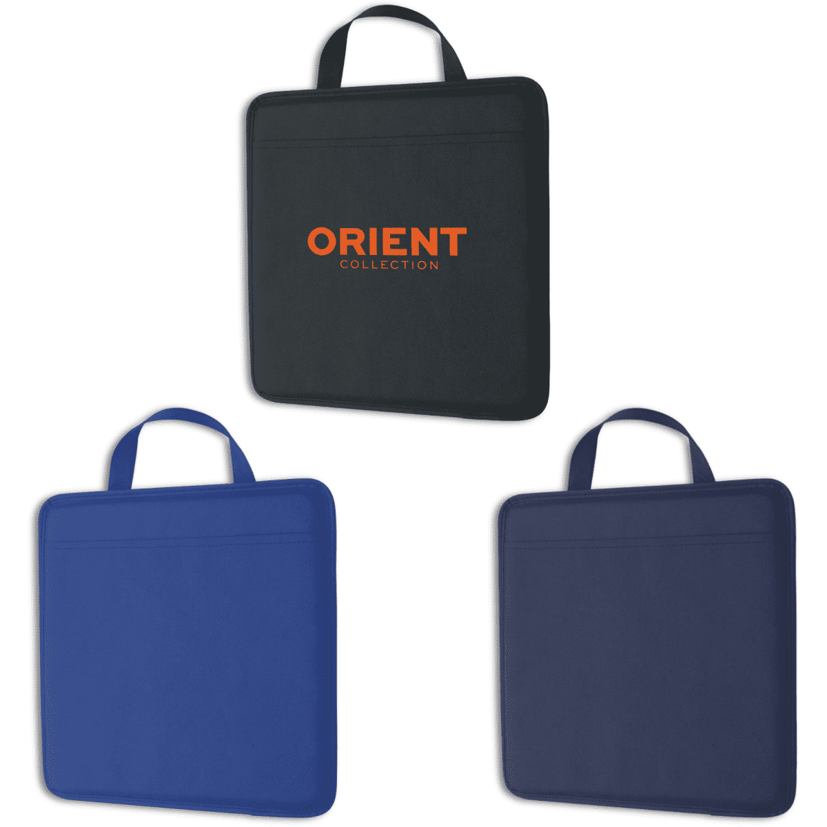 A padded nylon stadium cushion in black, blue, and navy, featuring a handle and a logo on one side.