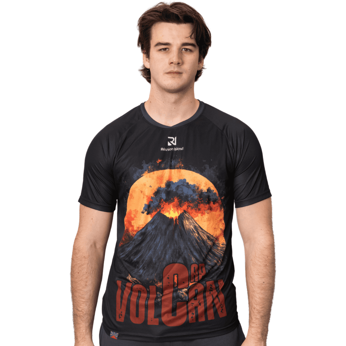 A black sublimated tee featuring a vibrant volcano graphic in red and orange hues, with a logo on the chest.