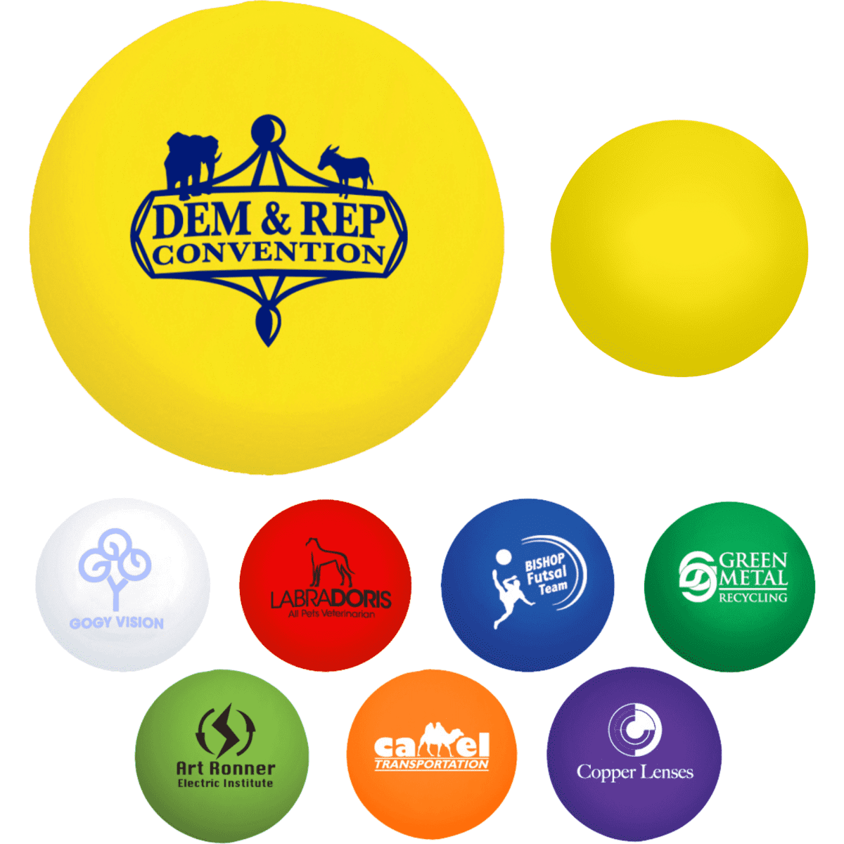A yellow stress ball with a logo, alongside various other coloured stress balls featuring different logos.