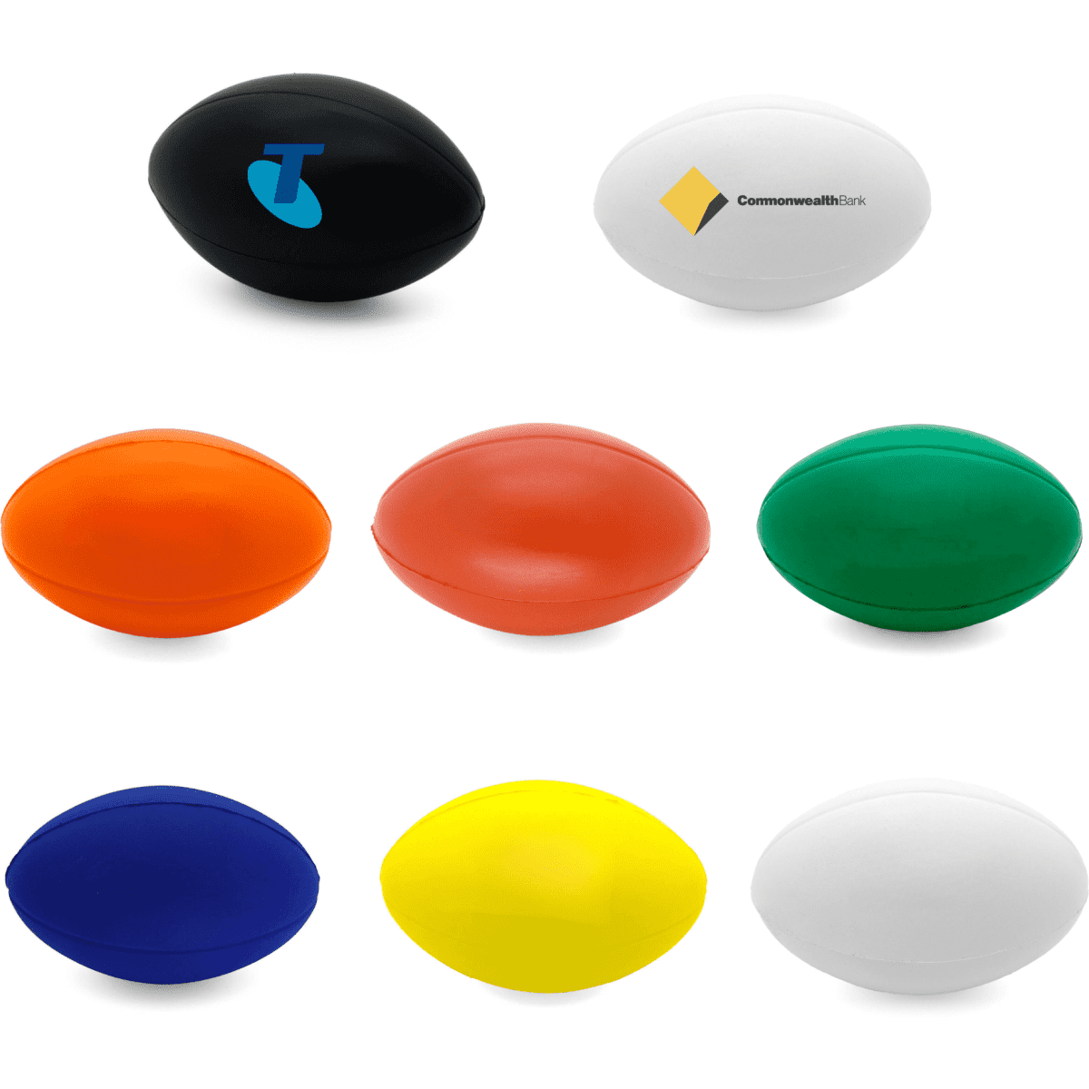 A set of football-shaped stress balls in black, orange, green, blue, yellow, and white, featuring various logos.