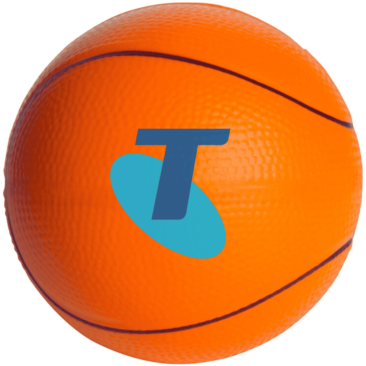 An orange stress ball shaped like a basketball, featuring a logo on its surface.