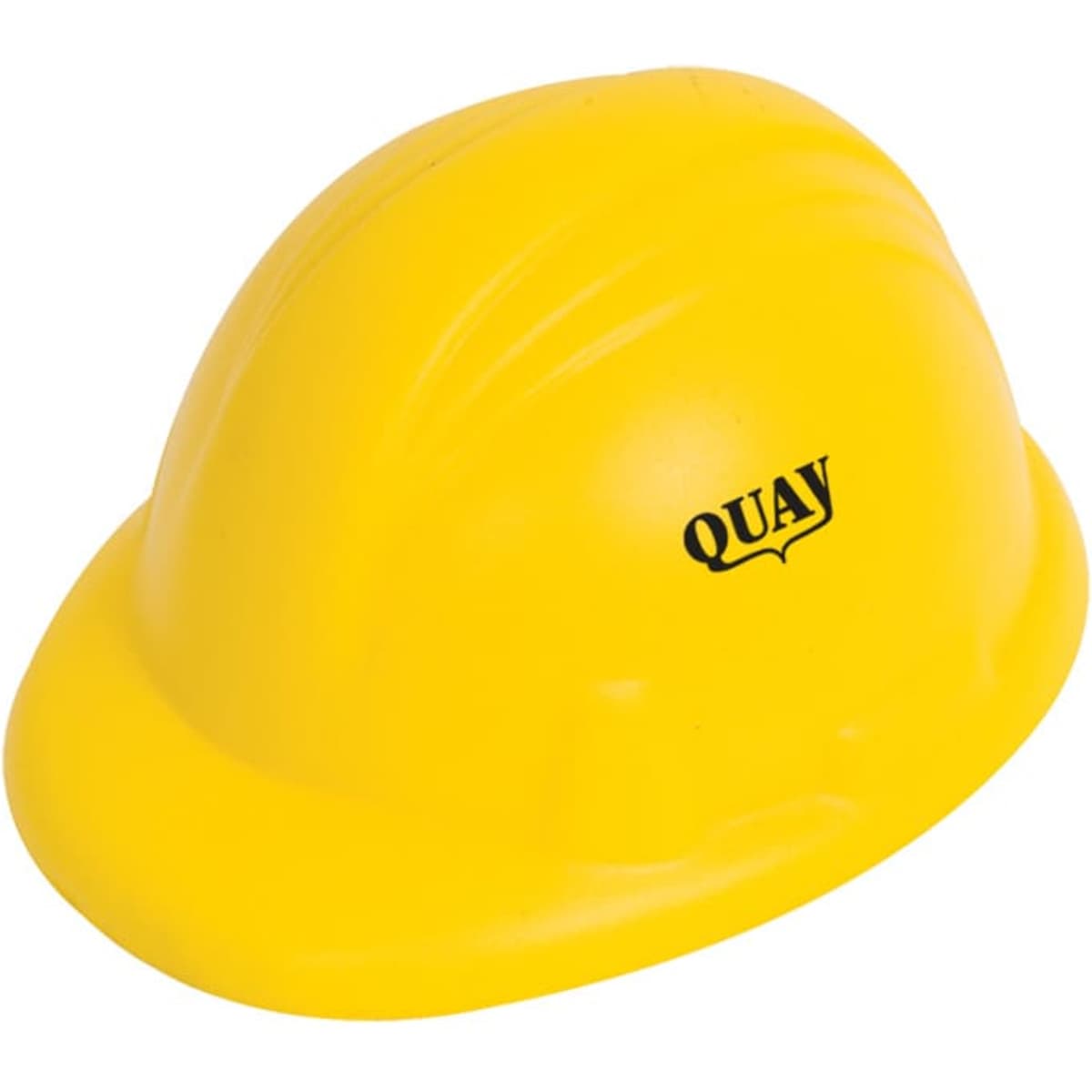 A yellow stress shape in the form of a safety helmet with a logo.
