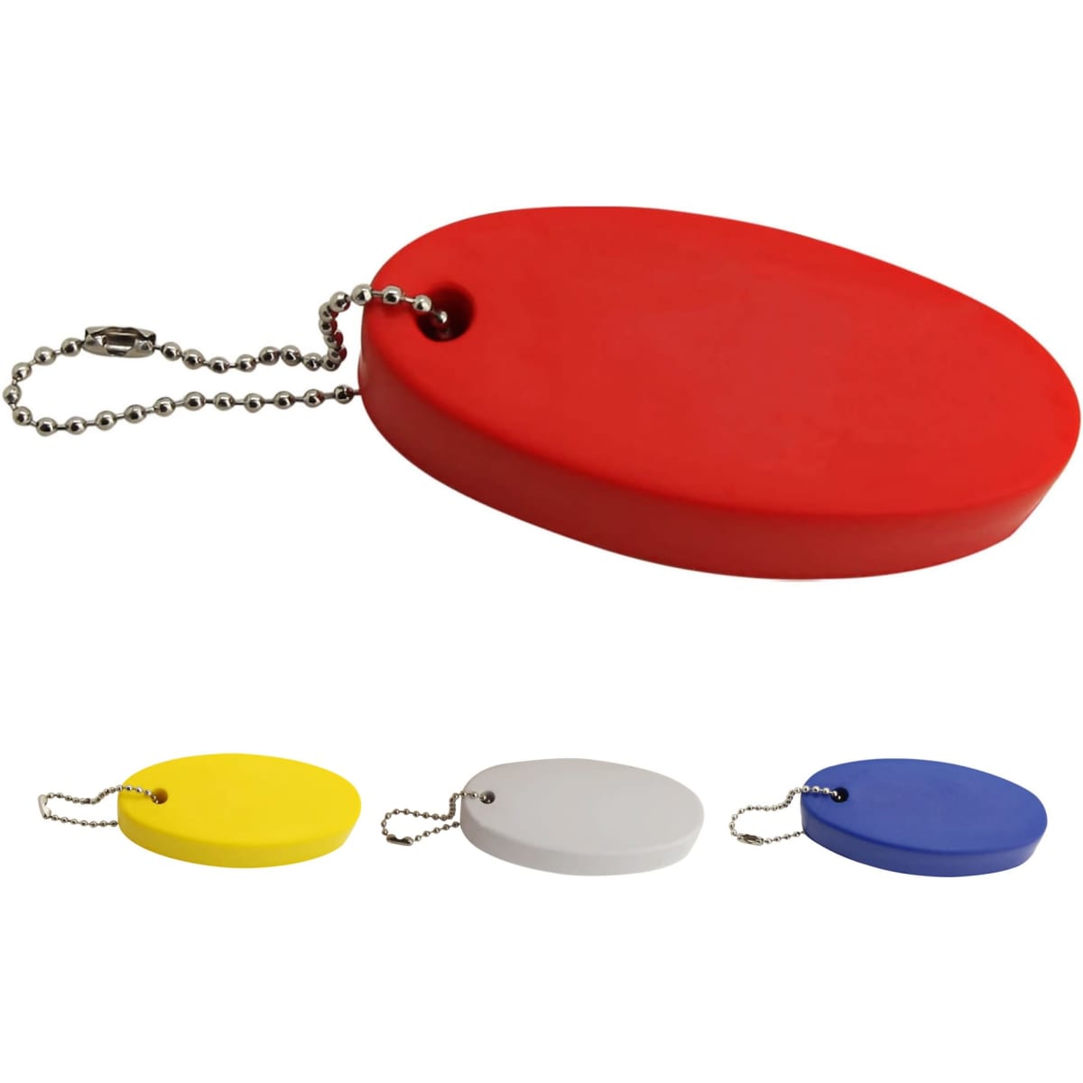 An oval stress shape keyring in red, with options in yellow, white, and blue, attached to a ball chain.