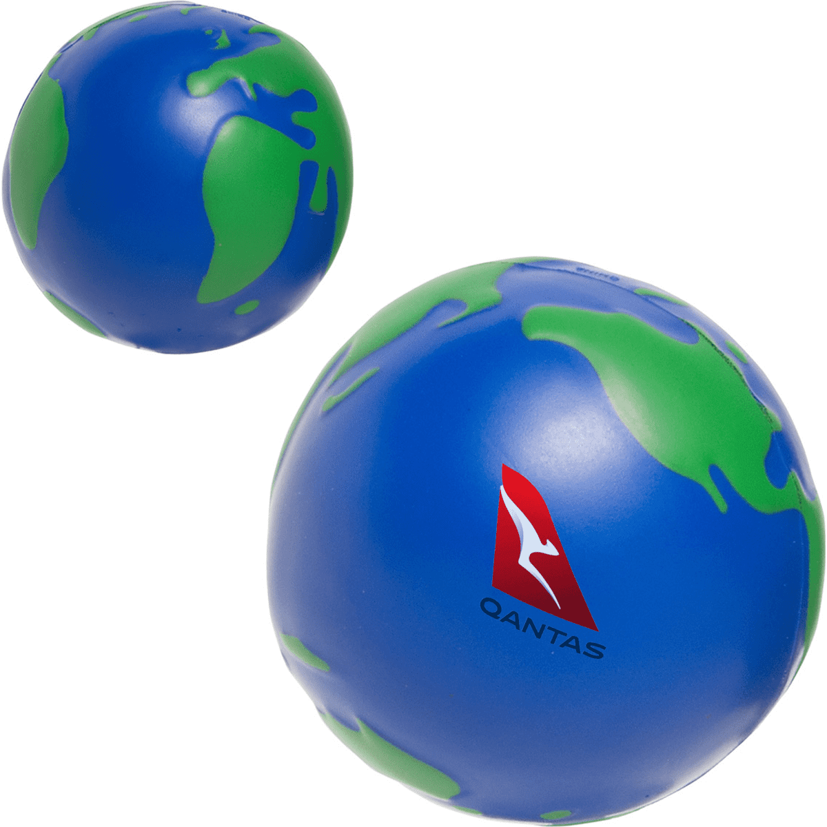 A blue and green stress ball shaped like Earth with a logo. The product features a smooth texture.
