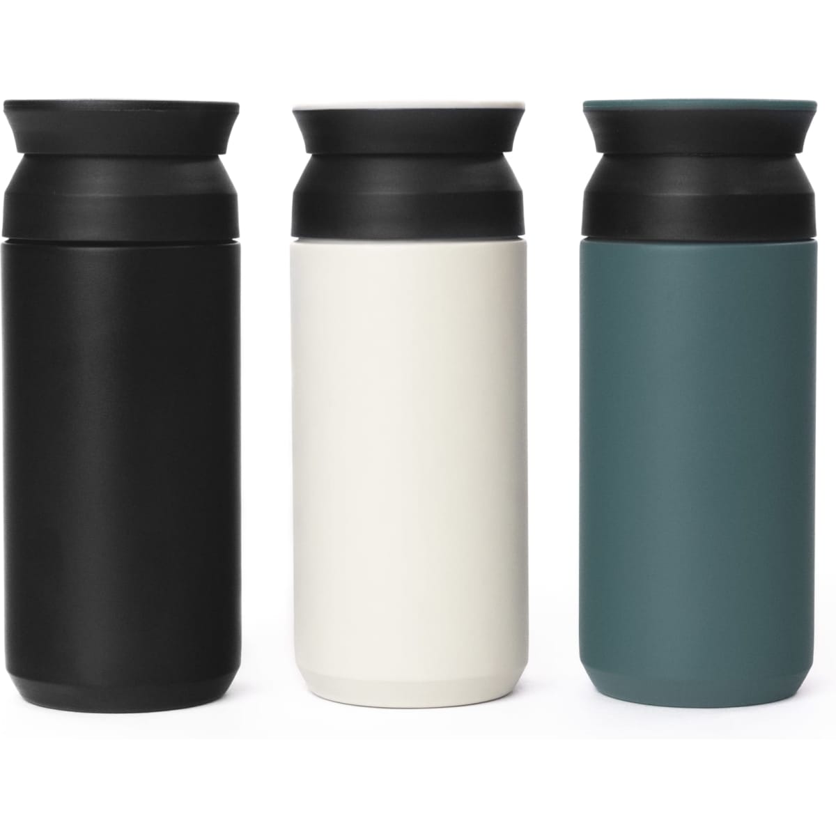 A drink bottle set featuring three thermoses in black, white, and teal, each with a black lid and branding.