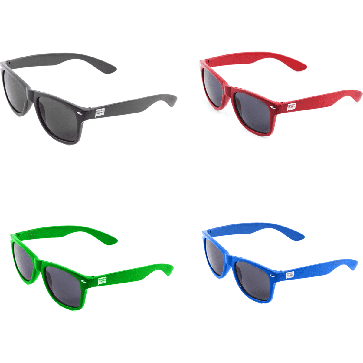 Wayferer sunglasses in black, red, green, and blue, arranged in a grid pattern on a white background. Each pair has a logo.