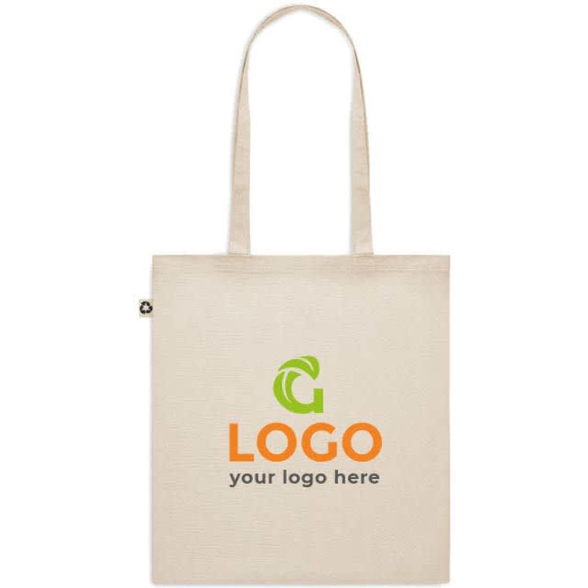 A beige recycled cotton tote bag with a logo on the front and two handles.