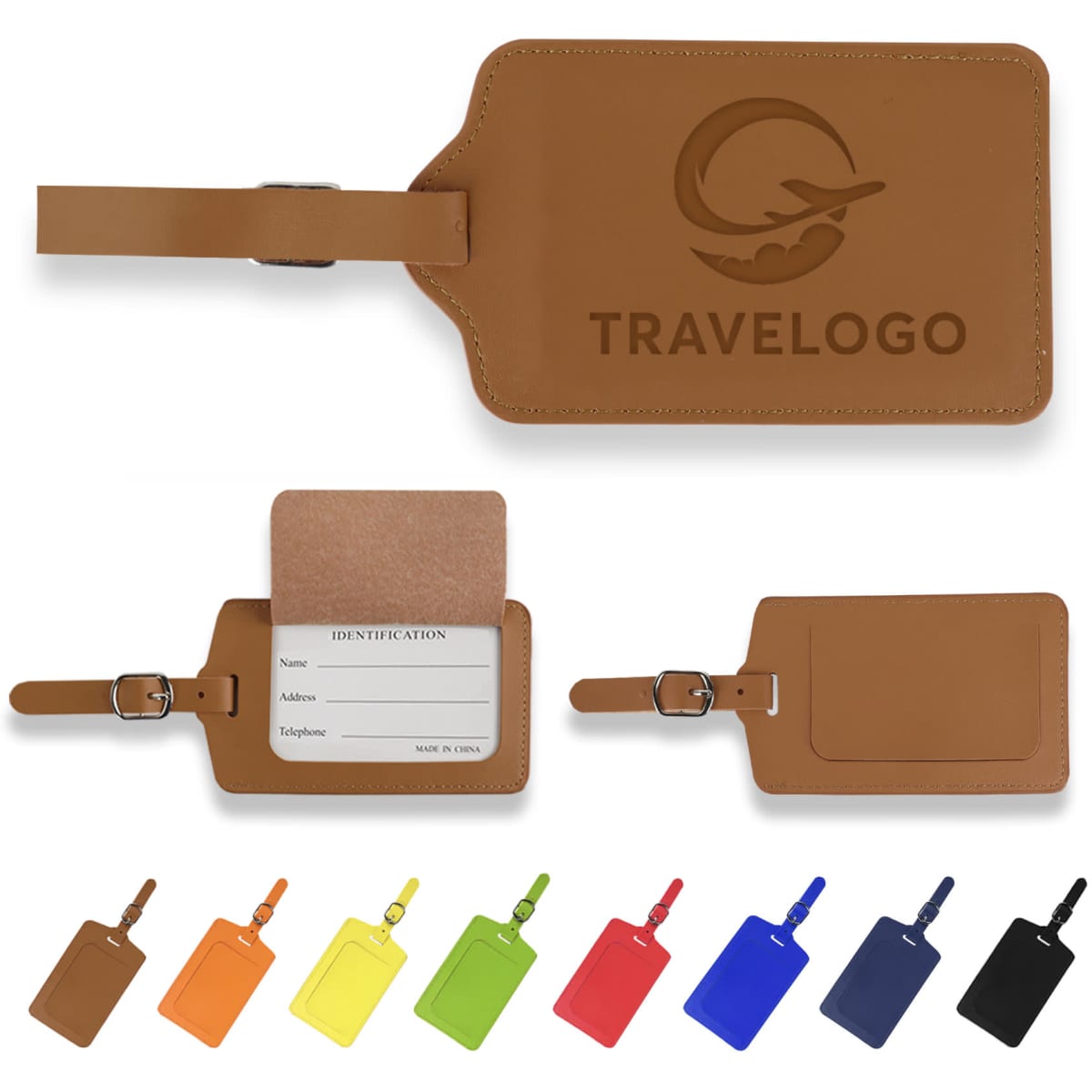 A PU leather luggage tag in brown with a buckle strap, featuring a logo and several colour variations below.