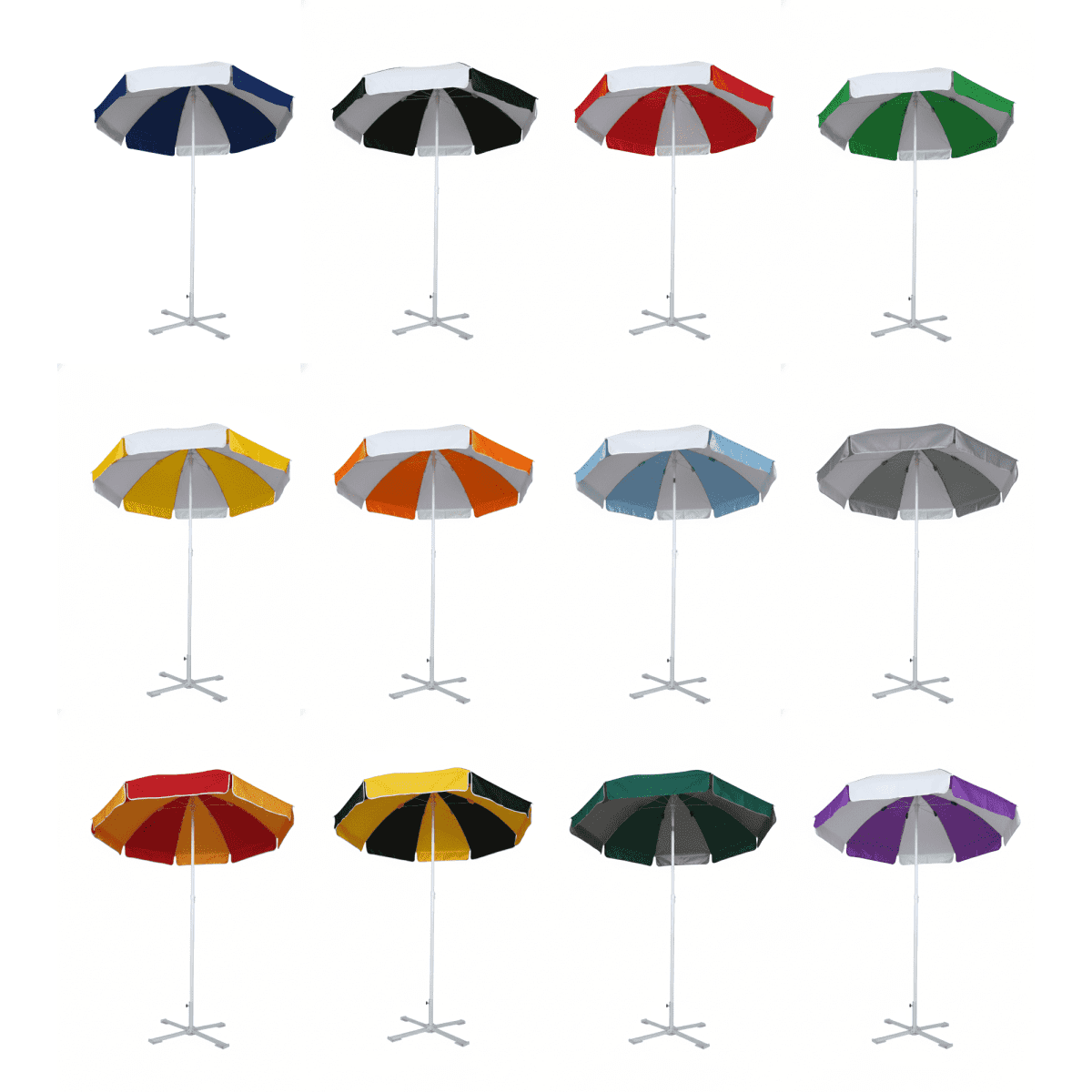 A collection of beach umbrellas in various colours, each featuring a sturdy base and a striped canopy design.