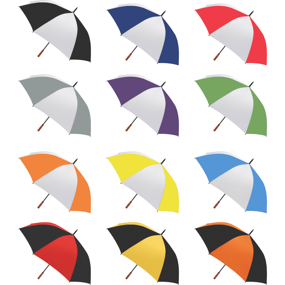 A collection of Bonville Golf Umbrellas in various colours: black, blue, red, green, orange, yellow, purple, and grey. Each features a wooden handle.