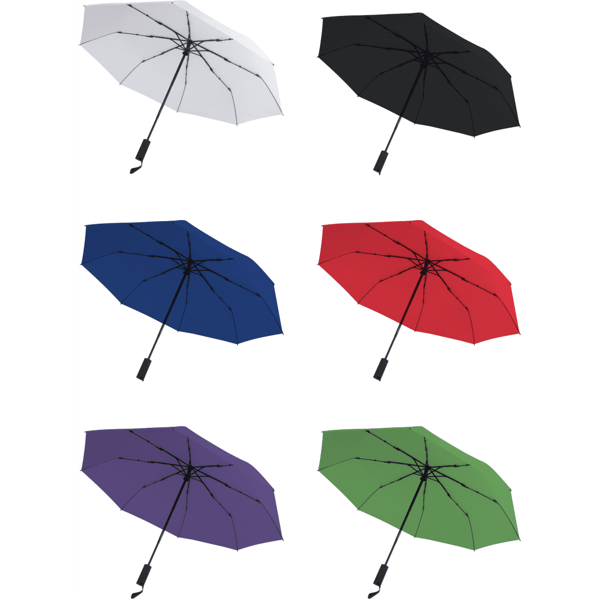 A selection of umbrellas in white, black, blue, red, purple, and green, featuring a logo on the handle.