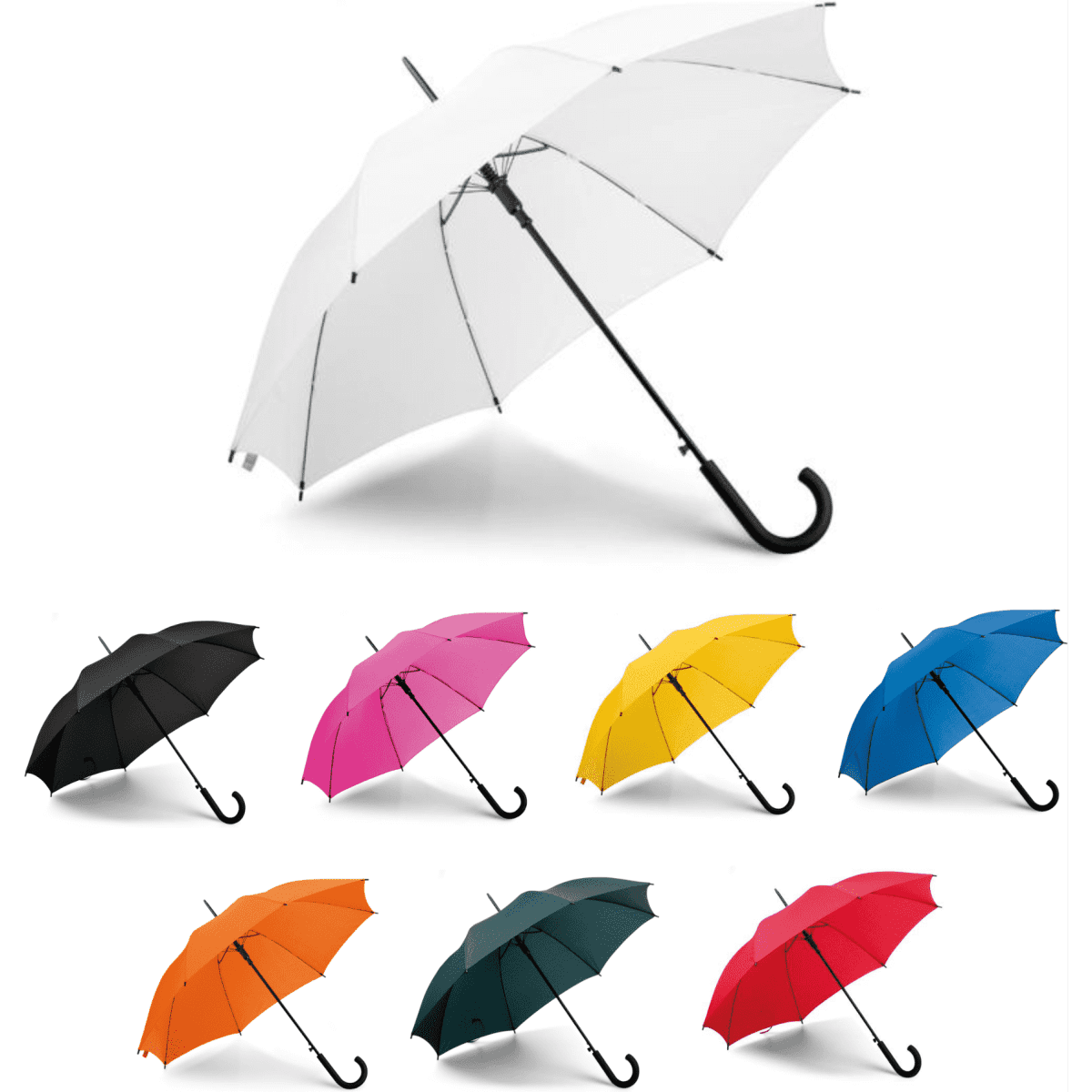 A collection of umbrellas in various colours: black, pink, yellow, blue, green, and white, featuring a curved handle.