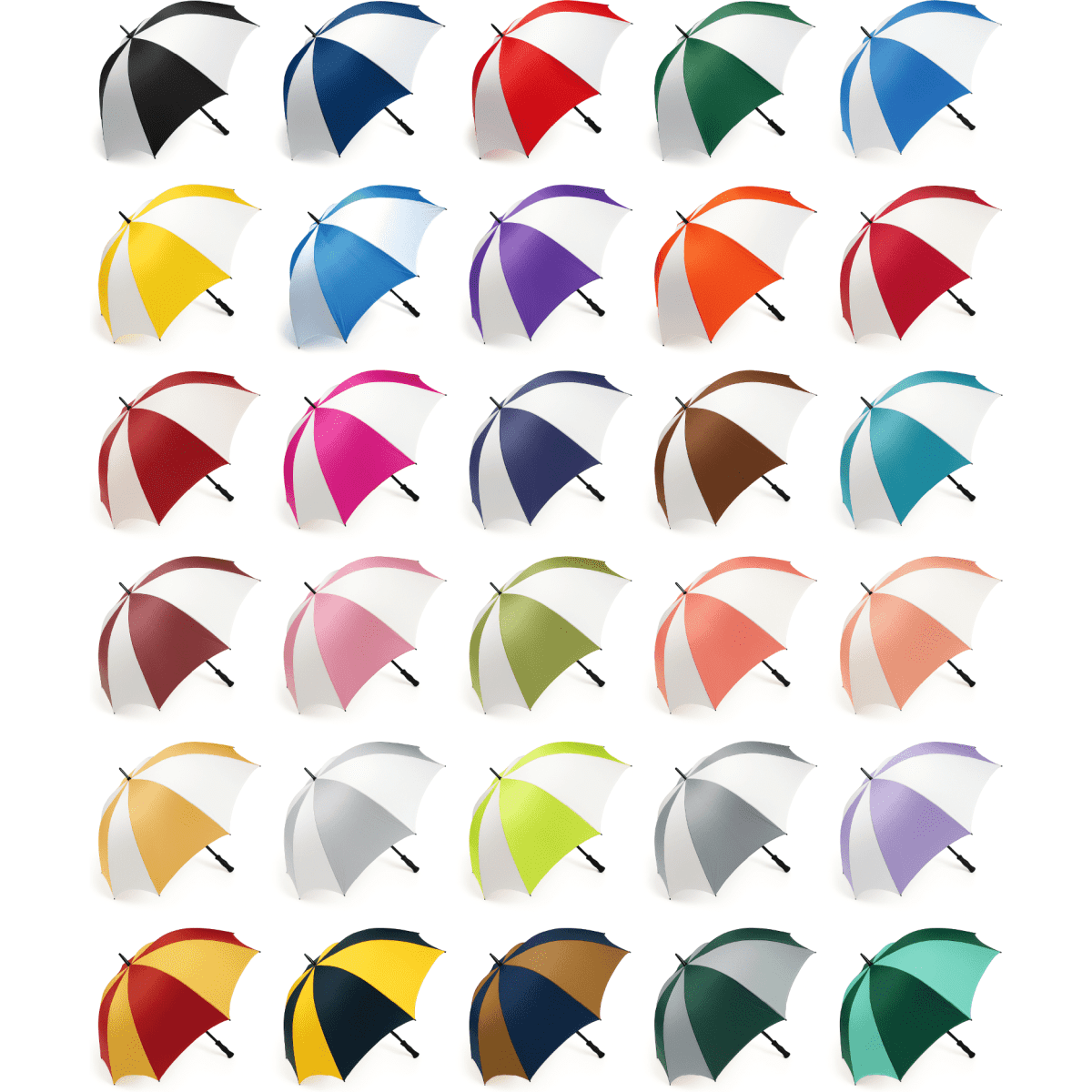 A collection of golf umbrellas in various colours, each with a curved design and a black handle. Some feature logos.