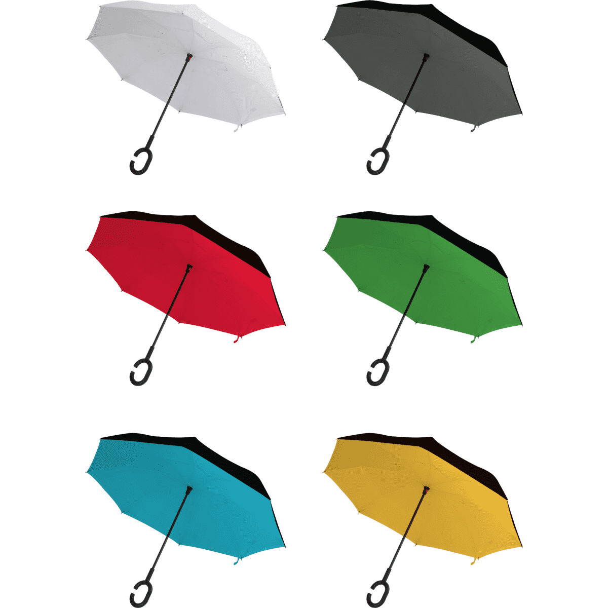 Six inverted umbrellas in white, grey, red, green, teal, and yellow, each with a black handle and a logo.
