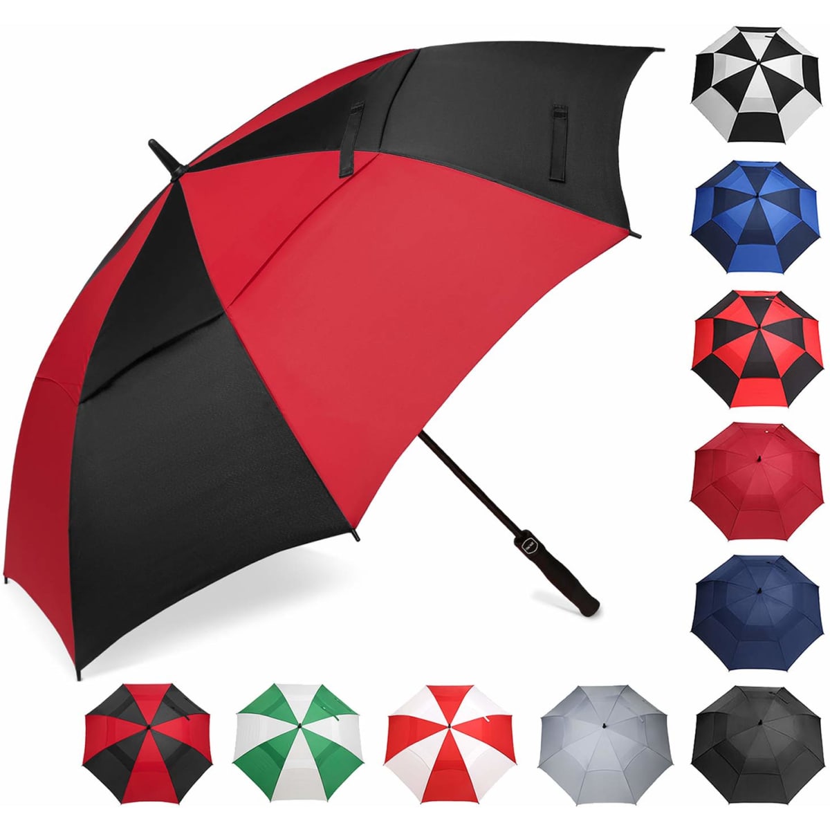 A large red and black golf umbrella with a sturdy handle, surrounded by various other umbrella colours and designs.