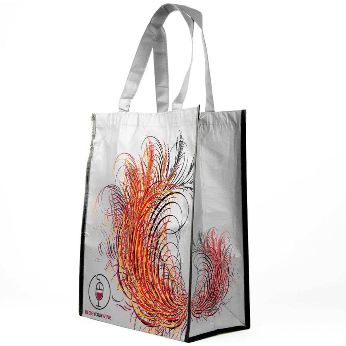 A tote bag featuring a vibrant design with swirling patterns in red, orange, and black, complemented by a logo.