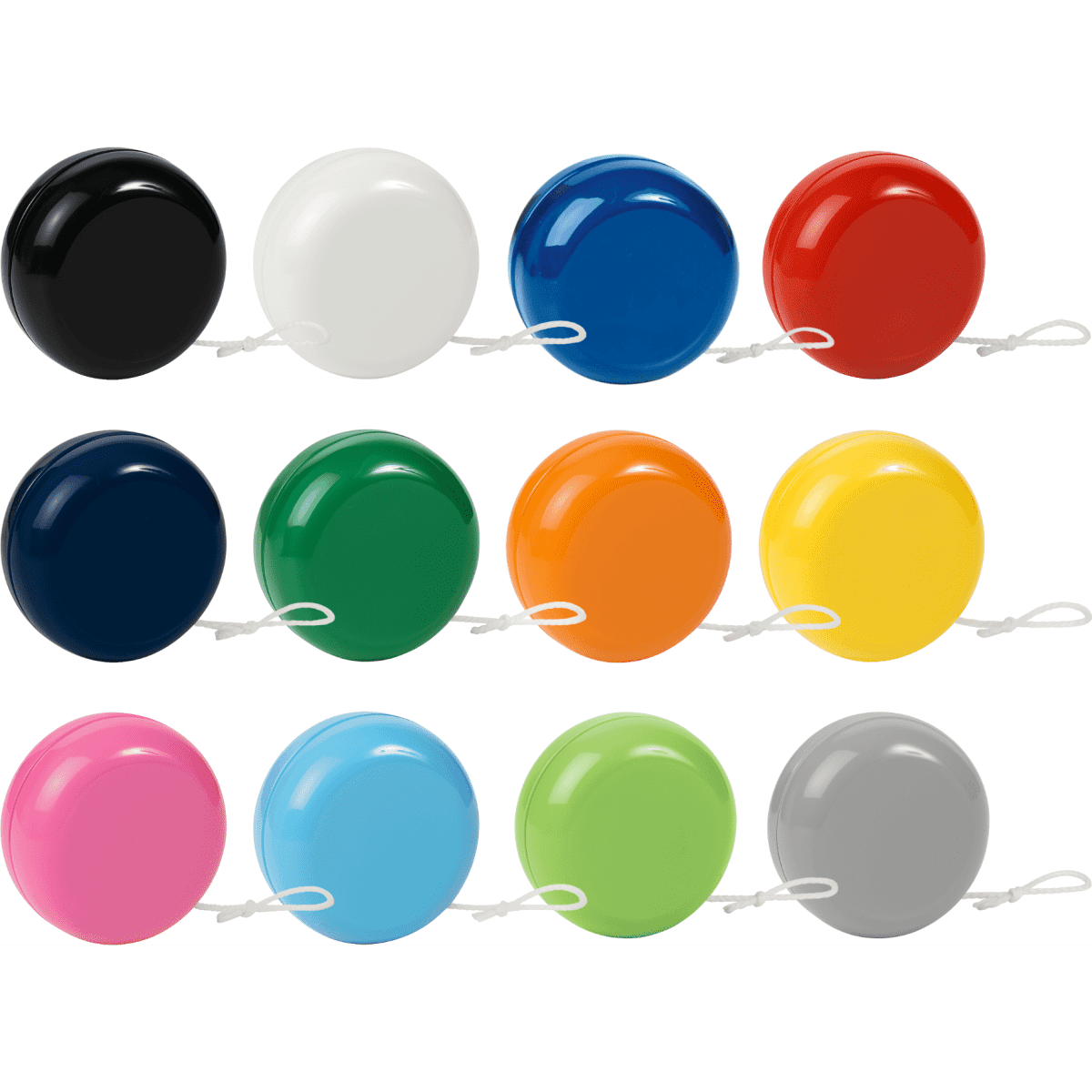 A collection of twelve standard plastic yo-yos in various colours, including black, white, blue, red, green, orange, yellow, pink, light blue, and grey. Each has a loop for attachment.