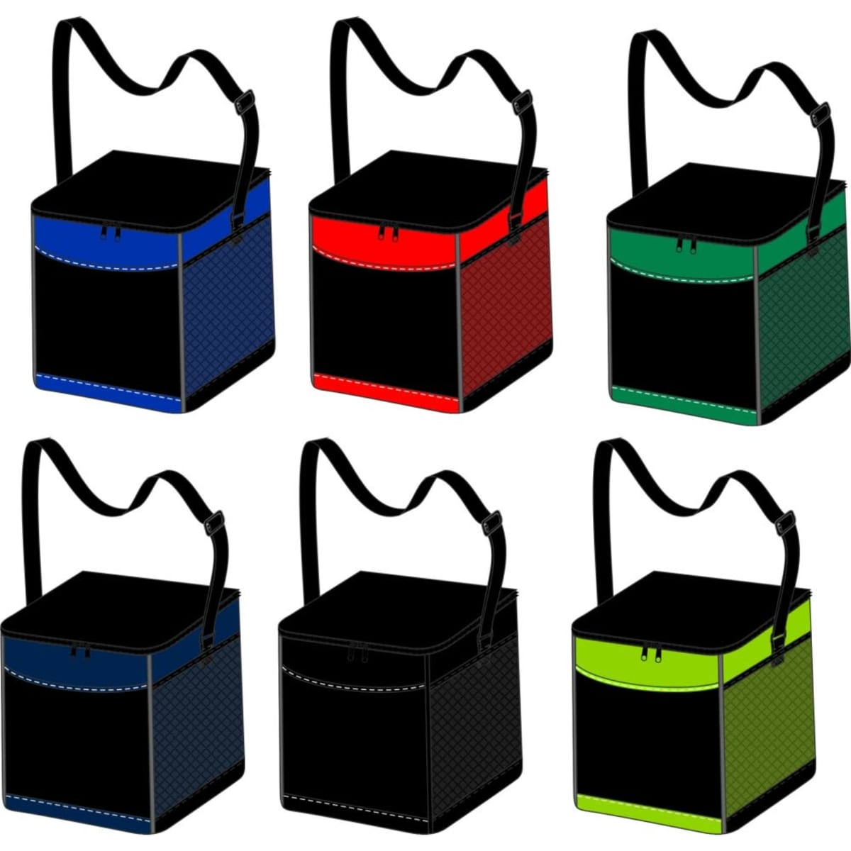 A set of six Hippo Cooler bags in blue, red, green, and black, each with a shoulder strap and zipper.
