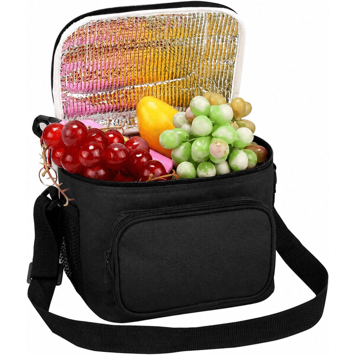 A blue cooler bag with a silver interior, filled with various fruits including grapes and a bell pepper.