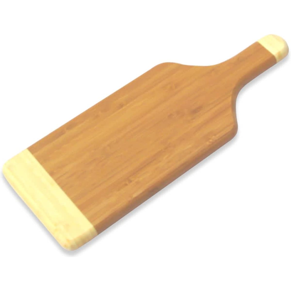 A wooden chopping board in light and dark brown shades, featuring a handle and a smooth surface.