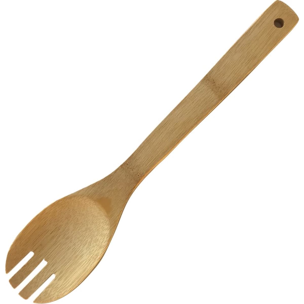 A bamboo serving fork with a smooth finish and a hole at the end of the handle for hanging.