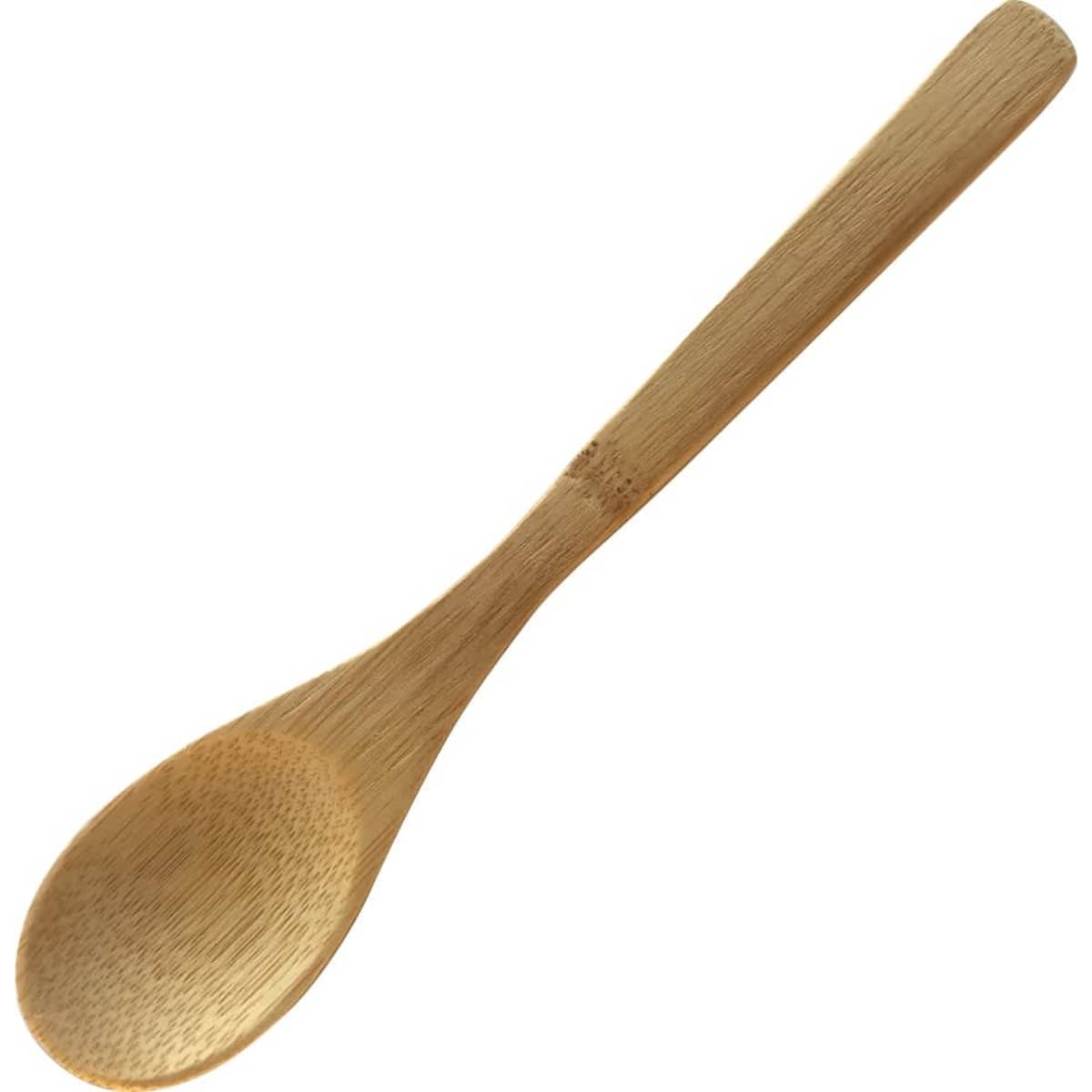 A bamboo spoon with a smooth finish, featuring a slender handle and wide scoop. It has a natural wood colour.