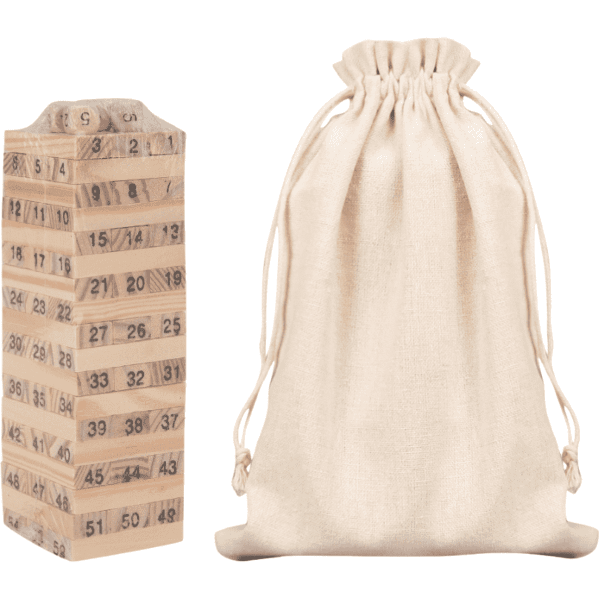 A wooden Genga block set in natural tones, accompanied by a beige drawstring bag. It features a logo.