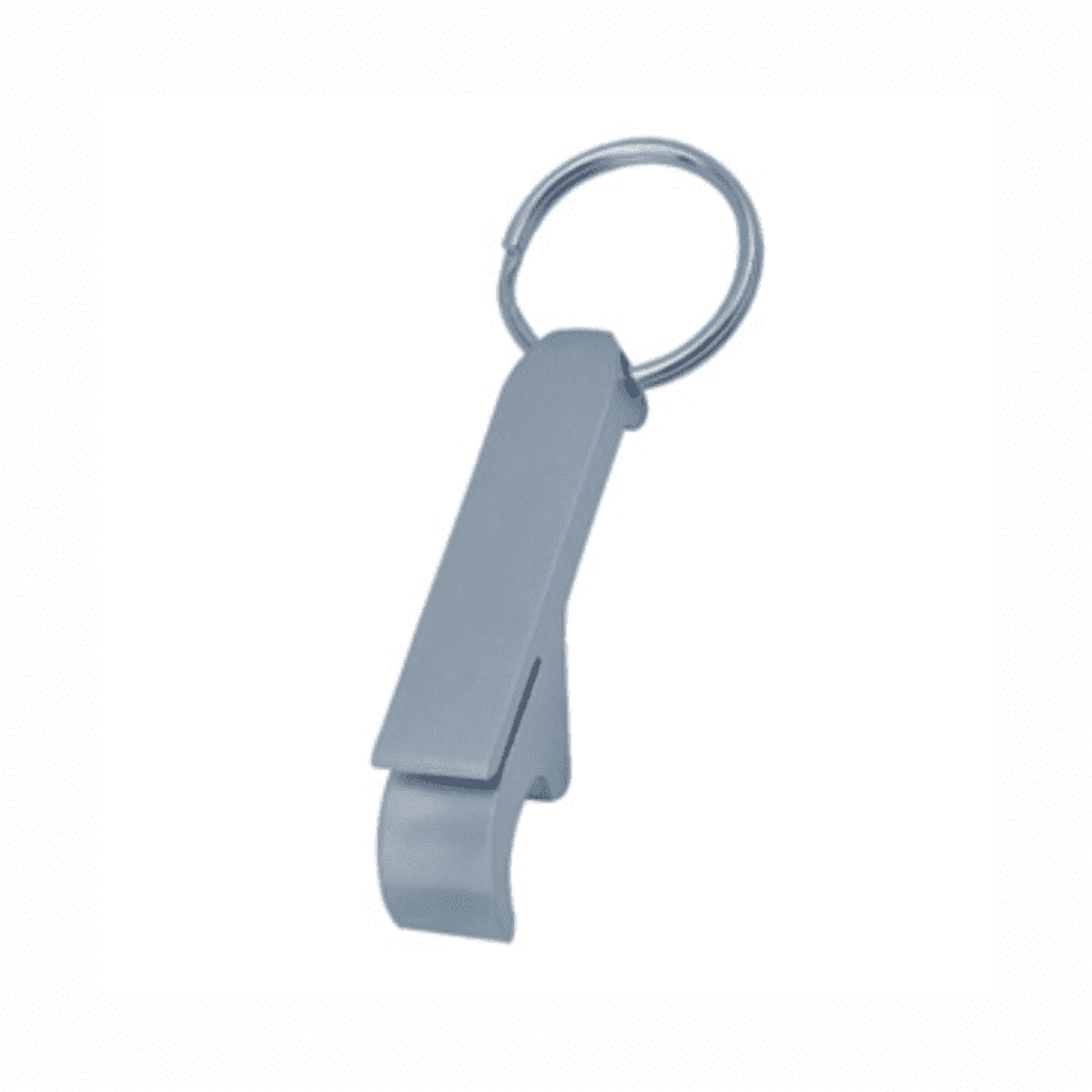 A bottle opener in silver with a keyring attachment, featuring a sleek, minimalist design.
