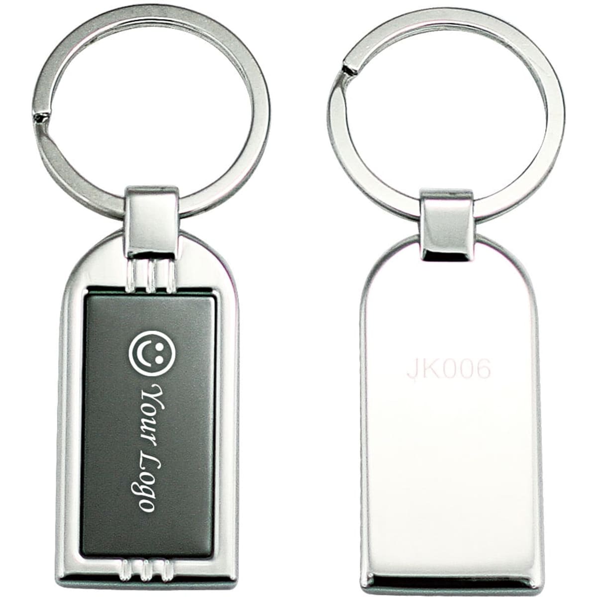 A silver keyring with a rectangular design featuring a logo area and a smooth back side.