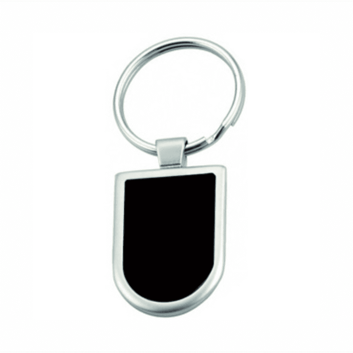 A silver keychain with a smooth, rectangular black surface for custom engraving.