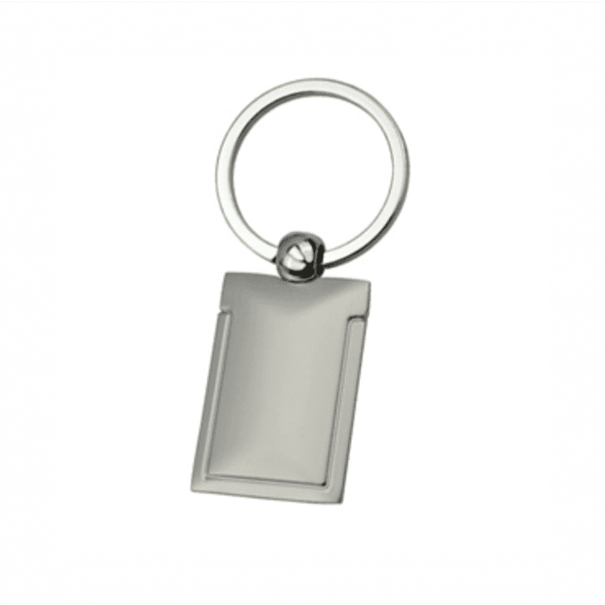 A silver keyring featuring a rectangular pendant attached to a circular ring. The pendant has a sleek, minimalist design.