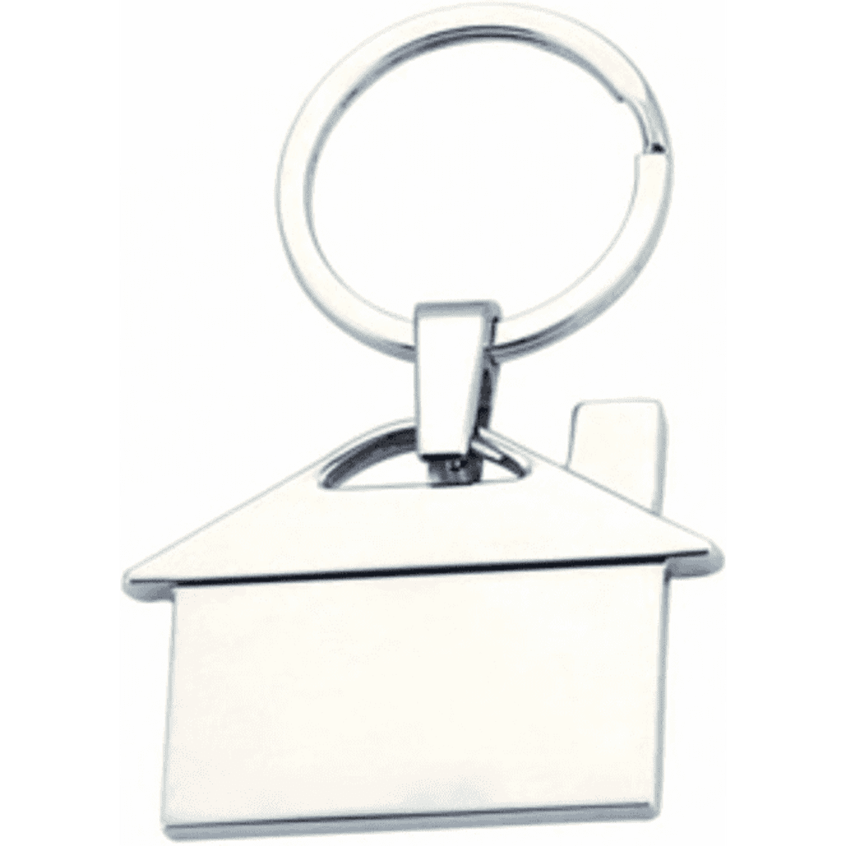 A keyring in the shape of a house, with a shiny silver finish and a circular attachment.