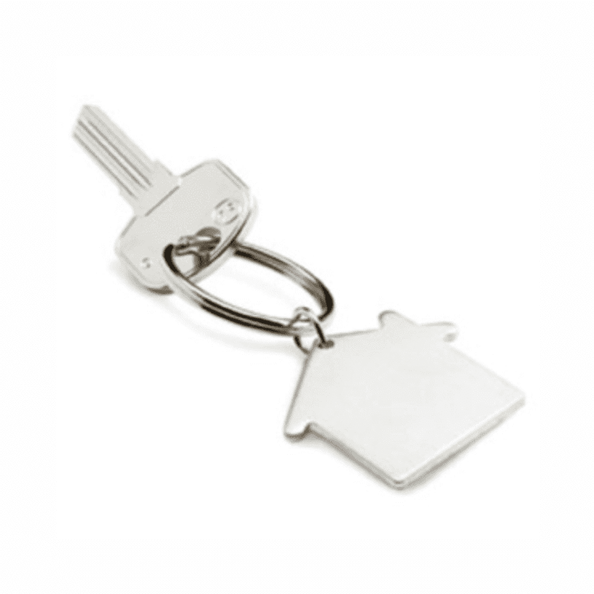 A silver key with a keyring shaped like a house. The key has a simple, sleek design.